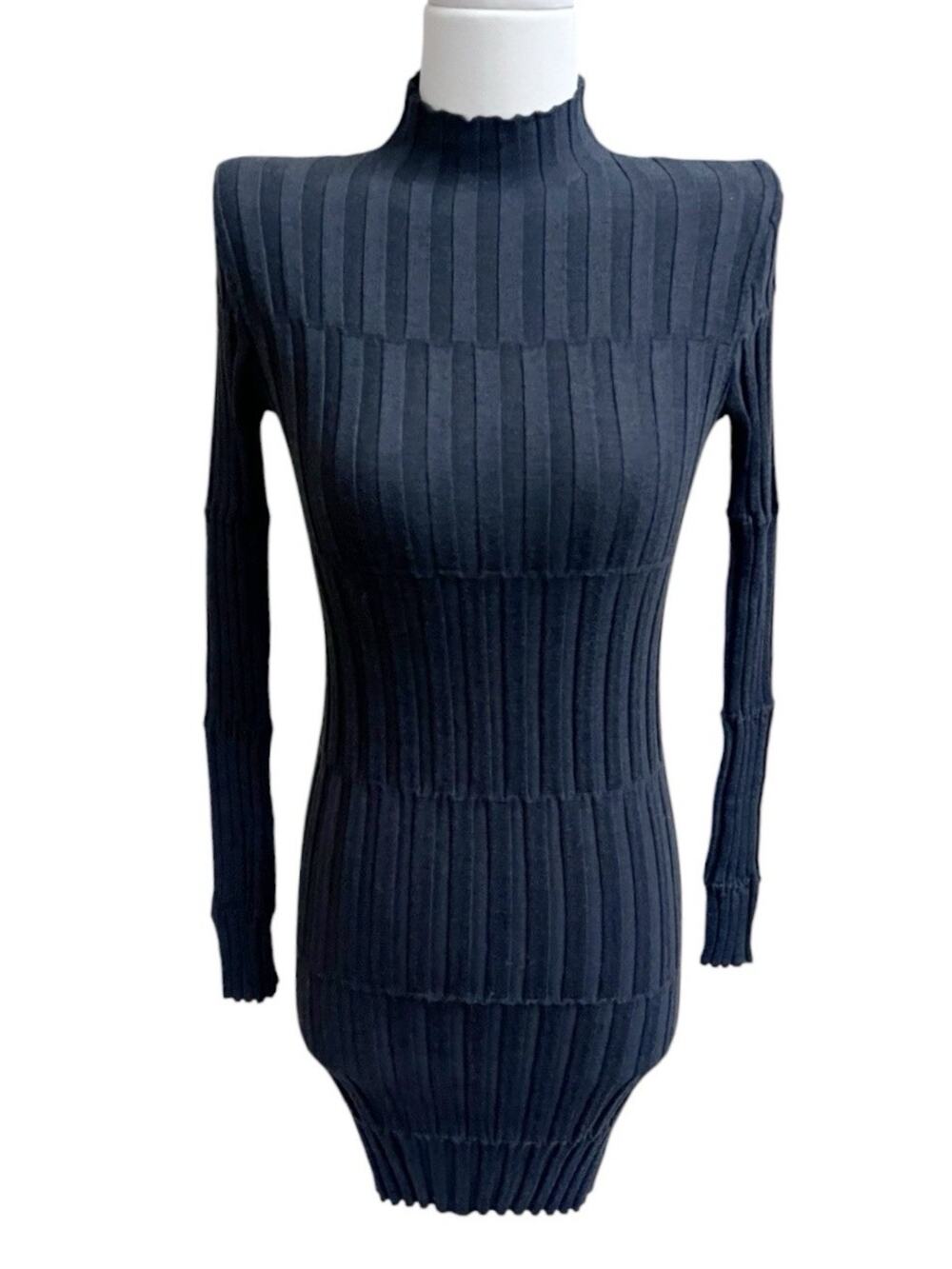 Zara Mock Neck Ribbed Knit Sweater Dress Tunic Bodycon Gray Sz S High Neck